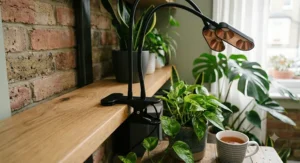 A flexible, adjustable-arm grow light clamped onto a bookshelf to support indoor foliage.