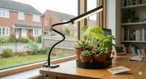 An adjustable gooseneck desk grow light positioned over a collection of indoor plants.