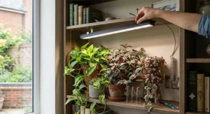 An adjustable-angle LED grow light bar fixed to the underside of a shelf to direct light onto trailing indoor plants