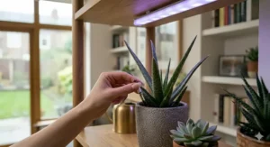 A hand using a small tool on a plant under a blurple grow light, showing how it can distort plant colours in shared living spaces.