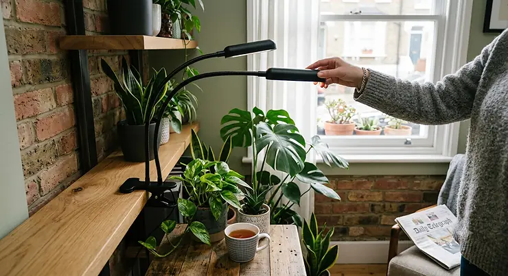A bright, full-spectrum clip-on grow light illuminating a leafy houseplant on a home study desk. clip on grow light for indoor plants