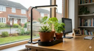 A compact, clip-on grow light illuminating a succulent and a small monstera on a wooden desk.