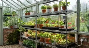 Several LED grow light bars daisy-chained together to illuminate multiple tiers of a greenhouse shelf