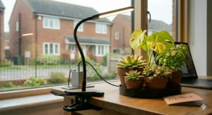 A small desk grow light emitting a warm white light to support indoor plant health.