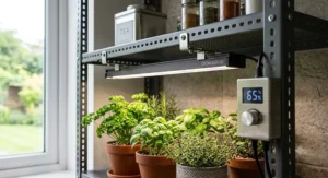 Close-up of a dimmable LED grow light bar attached to a metal kitchen shelf with a controller