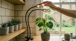 A person attaching a sturdy, easy-to-use spring clamp light onto a wooden side table.