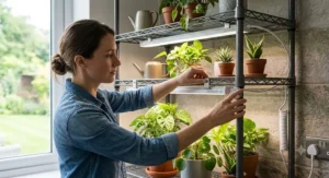 A person using magnetic clips to mount a slimline LED grow light bar to a metal plant rack