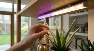 A detailed view of a high-quality full-spectrum LED light fixture promoting balanced growth in a home horticultural setup.
