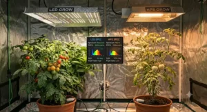 Energy-efficient LED versus traditional HPS grow light comparison.