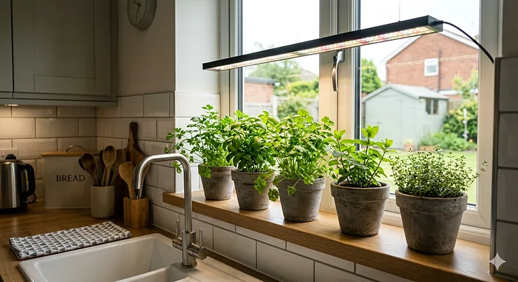 A kitchen herb garden thriving under a full-spectrum grow light. full spectrum grow light for herbs