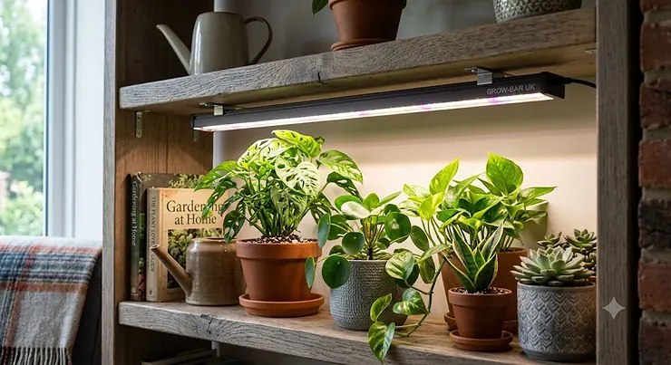 A full-spectrum LED grow light bar mounted under a wooden shelf, illuminating indoor houseplants