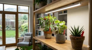 A vibrant indoor garden thriving under a full-spectrum LED grow light that mimics natural daylight for easy plant inspection.