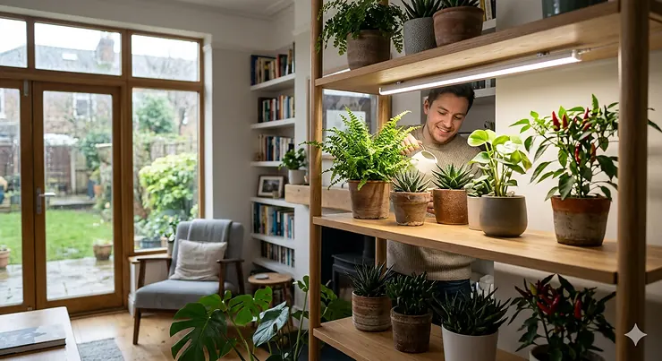 A British home interior featuring a man tending to plants on a wooden shelf, comparing full-spectrum and blurple grow light effects.