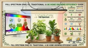 An illustration of an automatic sixteen-hour timer schedule for a full spectrum grow light for indoor plants, balancing active growth periods with essential rest.
