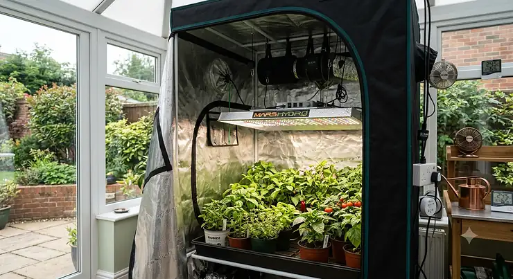 High-efficiency LED panel grow light for grow tent setup.