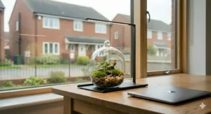 A sleek, minimalist grow light standing over a glass terrarium on a desk.