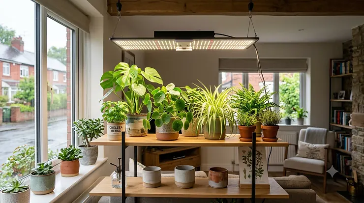 A full-spectrum quantum board grow light panel illuminates a thriving assortment of indoor plants, including Monstera and herbs, within a modern and cozy British living room environment, featuring a window and stone wall.