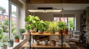 A detailed view of the durable wire hanging system and secure rigging for a quantum board grow light panel, featuring stainless steel cables, carabiners, and ratcheting pulleys installed on a domestic ceiling beam.