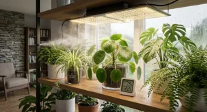 A high-humidity close-up view showing a quantum board grow light panel positioned above a 'CHELSEA HERBS' pot and other plants, with water mist from an integrated diffusal system in the air, demonstrating its water resistance.