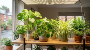 A high-resolution perspective view from the plant canopy level, looking across the detailed leaves of a Monstera and Pilea directly towards a quantum board grow light panel, demonstrating intense and even light coverage.