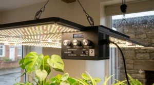 A detailed close-up of the integrated control panel of a professional quantum board grow light, featuring knurled metal dimmer knobs and an OLED display showing percentage power and spectrum selection for VEG/BLOOM and DEEP RED channels.