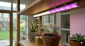 An illustrative comparison of seedlings under a blurple LED grow light fixture, highlighting the distinct red and blue light output.