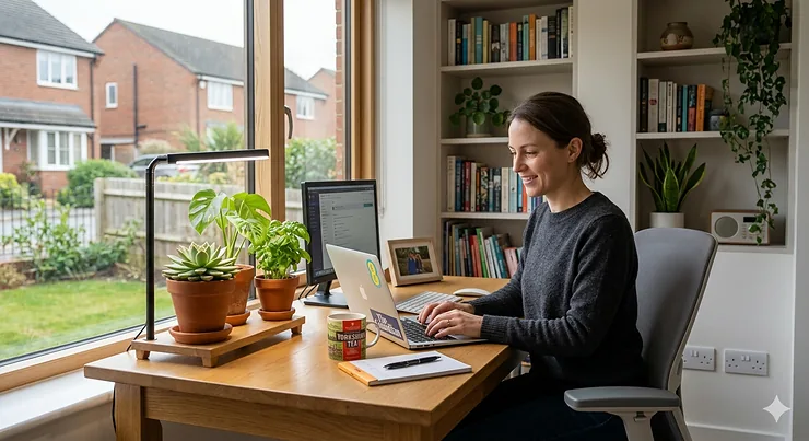 Woman working at a home office desk in the UK, using a small grow light for her houseplants.