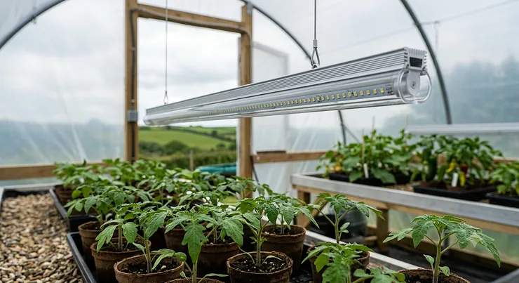 Close-up of high-efficiency LED diodes on a T5 grow light bar.