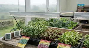 A vibrant indoor herb garden grown under an energy-efficient T5 LED light bar.
