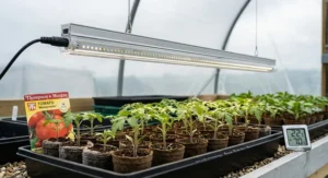 T5 LED grow light bar mounted inside a small indoor propagation tent.