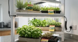 Vertical farming setup using T5 LED grow light bars to maximise shelf space.