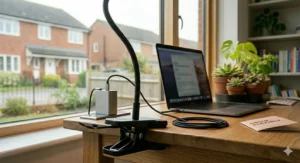 A USB-powered small desk grow light plugged into a portable power bank on a wooden surface.