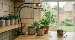 A sleek, USB-powered grow lamp clipped to a decorative plant stand in a living room.