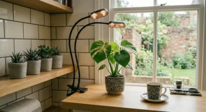 A warm-spectrum clip-on light providing essential brightness to a windowsill herb garden in a kitchen.