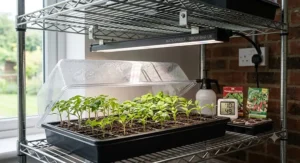 Waterproof LED grow light bar installed above a tray of seedlings on a metal wire shelf