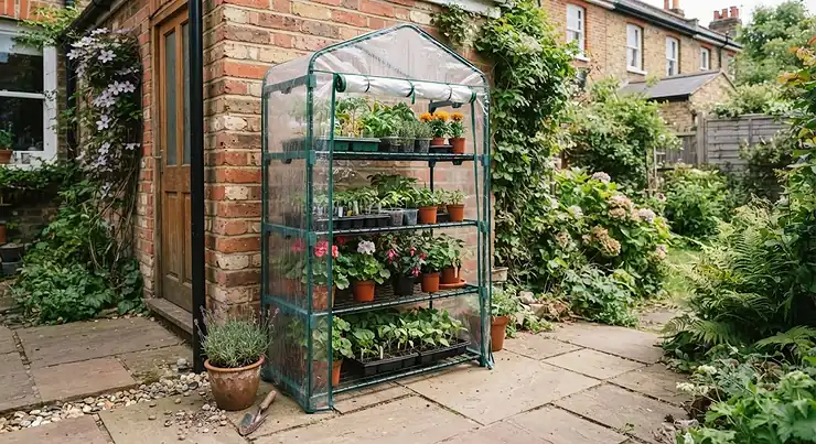 A 4-tier mini greenhouse positioned on a patio, perfect for small UK gardens and balconies.