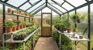 Interior view of a 6x8 greenhouse fitted with aluminium staging and shelving to maximise growing space for potted plants.