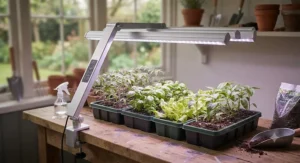 Propagating vegetable seedlings using a desk-mounted grow light with customisable timer and brightness dimmer settings.