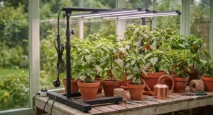 An adjustable height grow light stand tailored for nurturing chilli plants in a conservatory.