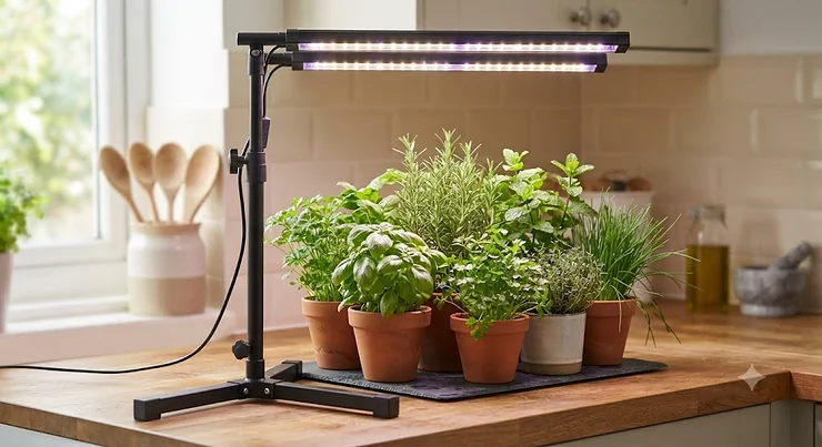 A sturdy adjustable height grow light stand supporting a collection of fresh herbs on a kitchen worktop.