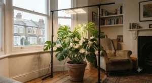 An adjustable grow light stand positioned over a large monstera plant to ensure healthy winter growth.