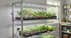 Modern LED grow light rack for seedlings with adjustable height settings for optimal plant growth.
