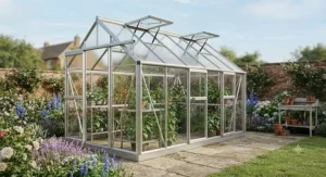 Roof ventilation windows open on a best aluminium greenhouse to regulate temperature during British summers