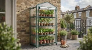 A slim, space-saving mini greenhouse ideal for growing vegetables on a small balcony or terrace.