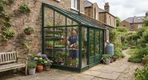 A space-saving lean-to greenhouse attached to the side of a red brick house in the UK