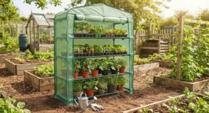 A 4-tier mini greenhouse used on an allotment to nurture vegetable crops throughout the growing season.