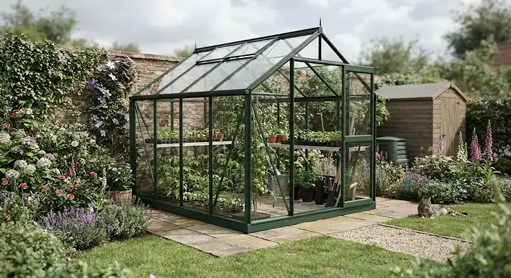 A sturdy 6x8 greenhouse installed in a typical British back garden, perfect for growing tomatoes and seedlings in the UK climate.