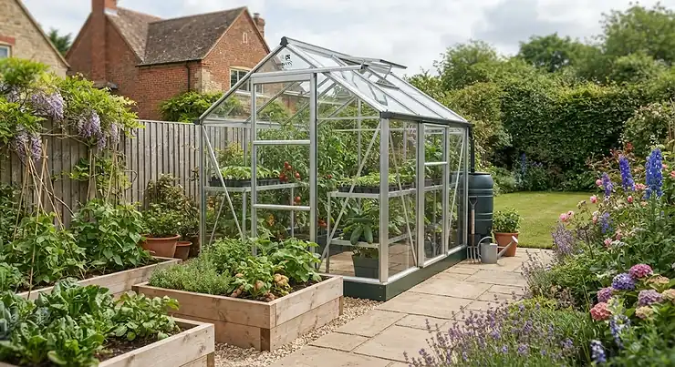 A sturdy best aluminium greenhouse installed in a traditional British back garden with raised beds