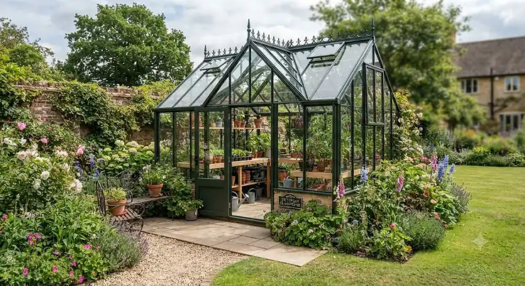A traditional Victorian-style glass greenhouse installed in a well-maintained British back garden. best glass greenhouse