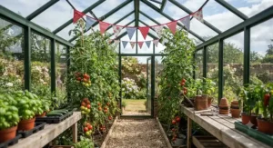 Thriving tomato plants growing inside a spacious glass greenhouse during the British summer